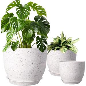 10/9/8 inch Plant Pots, 3 Pack Plastic Flower Pots Modern Flower Pots with Drainage Holes and Trays are for Indoor and Outdoor Plants, Herbs and Flowers,White Speckles