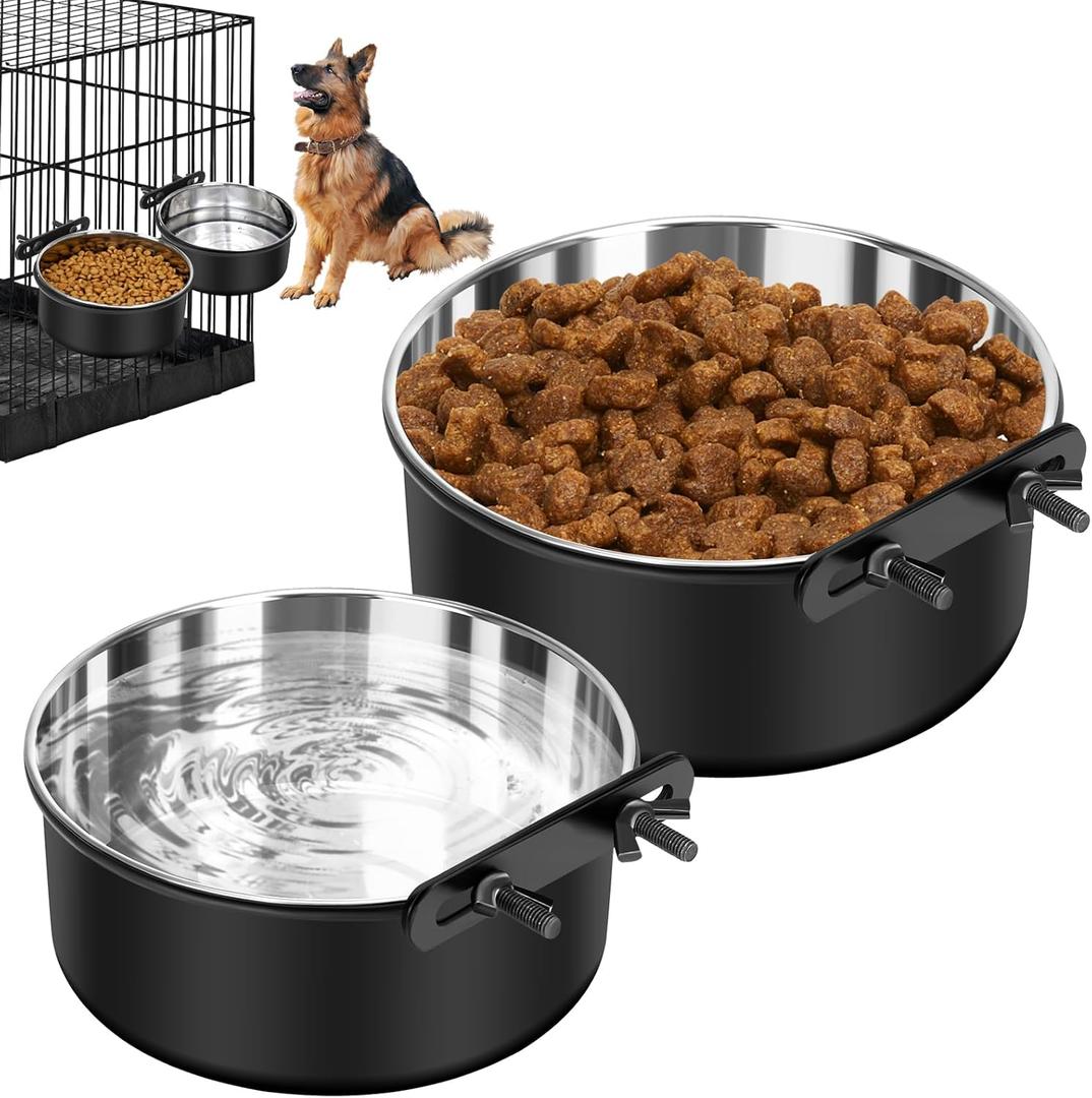 Dog Crate Water Bowl No Spill, 2 Pack Dog Crate Bowls Hanging, Kennel Water Food Bowls Mountable, Pet Cage Accessories Feeder Dish, Large Stainless Steel Coop Cup for Cat Puppy Bunny Guinea Pig Ferret (L(7.1*2.8'' & 6.3*2.6'' ), Black)