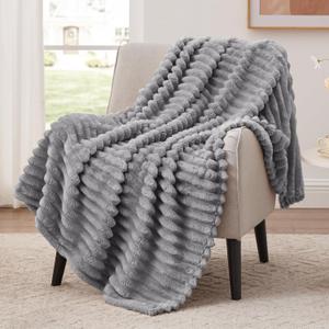 EXQ Home Fleece Throw Blanket for Couch or Bed - 3D Stripe Jacquard Decorative Blankets - Cozy Soft Lightweight Fuzzy Flannel Blanket Suitable for All Seasons(50"x60",Light Grey)