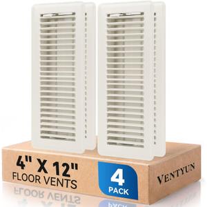 4" x 12" Floor Register Vent Covers 4-Pack, Walkable Powder-Coated Metal Vent Covers with Adjustable Airflow, Curved Safe Edges for Floor/Wall, White
