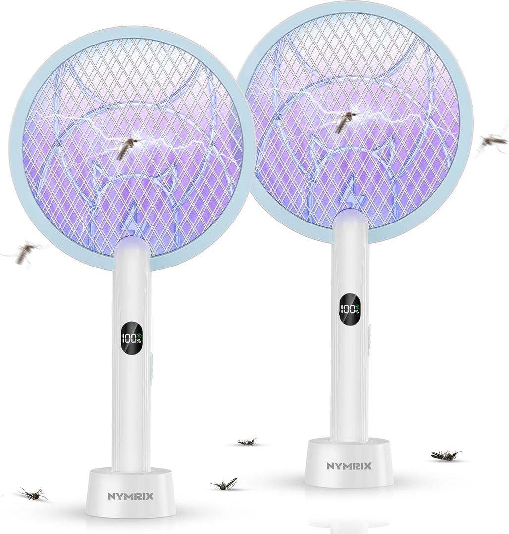 Electric Fly Swatter Racket, 2 in 1 Mosquito Bug Zapper 4100V Handheld Mosquito Killer with 1800 mAh Rechargeable Battery, Purple Ligh stand 3-Layer Safety Mesh for Indoor Outdoor Blue Two-Pack