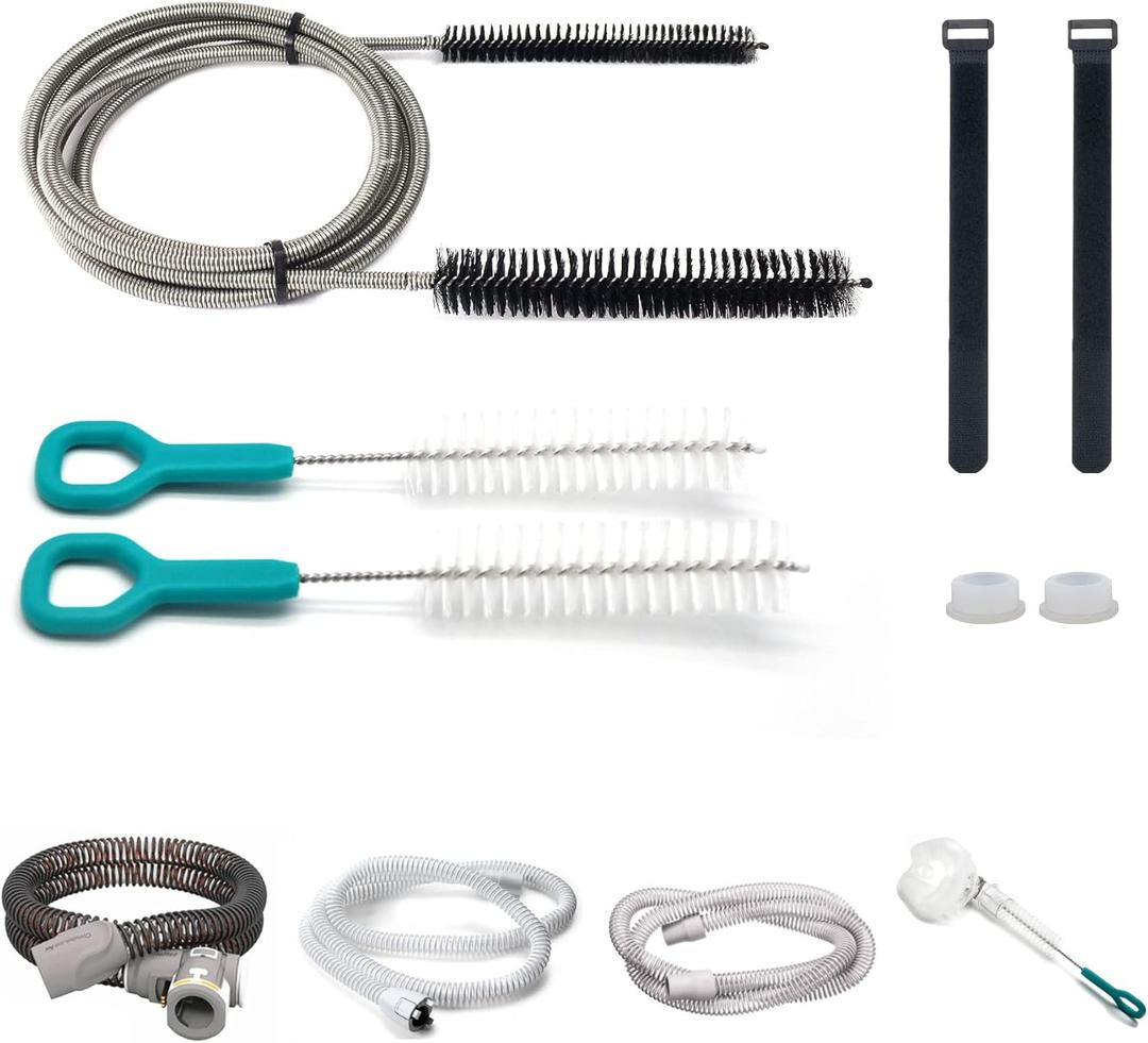 Jakia CPAP Tube Hose Cleaning Brush Kit 7 ft Strong Flexible Spring Body with Double Brush Heads Each 8.7" and 6.7“ Diameters Plus Two 7" Handy Brushes, 2 Bandage Ties and 2 Hose Bushing Jakia CPAP Tube Hose Cleaning Brush Kit 7 ft Strong Flexible Spring Body with Double Brush Heads Each 8.7" and 6.7“ Diameters Plus Two 7" Handy Brushes, 2 Bandage Ties and 2 Hose Bushing