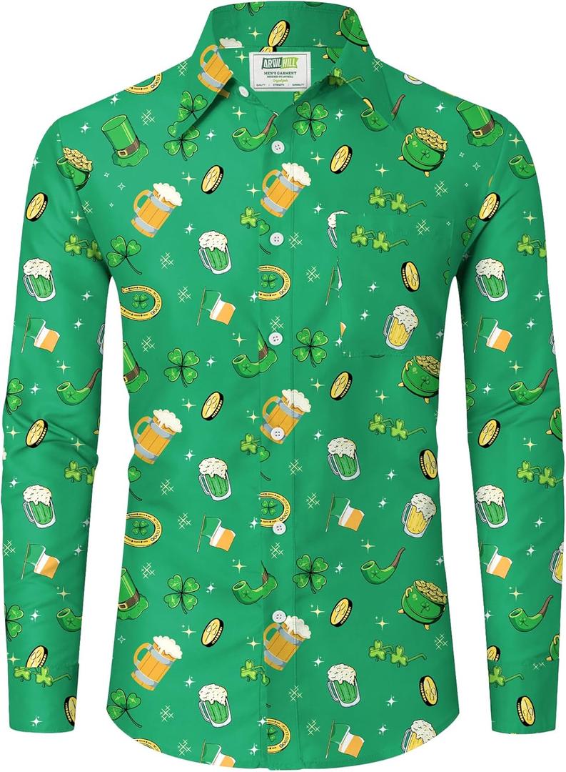 Arvilhill Mens St Patrick's Button Shamrock Clover Printed Long Sleeve Shirt (S-3XL) (M)