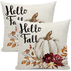 Fall Decor Pillow Covers 18x18 inch Set of 2 Hello Fall Watercolor White Pumpkin Outdoor Farmhouse Decorative Throw Pillow Covers Thanksgiving Autumn Cushion Case for Couch Home Sofa