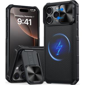 GIVELOT Magnetic for iPhone 16 Pro Max Case,[Compatible with Magsafe][Slide Camera Cover][Kickstand][Military Grade Protection] Shockproof Rugged Case for iPhone 16 Pro Max,Black