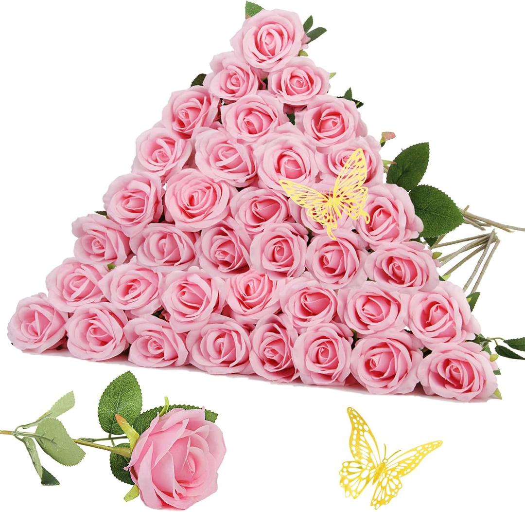 36PCS Fake Roses Artificial Silk Flowers Artificial Roses with Long Stems - Pink Roses Faux Silk Roses Bulk, Realistic Roses Bouquet for Home Wedding Centerpieces Decoration Party Decor