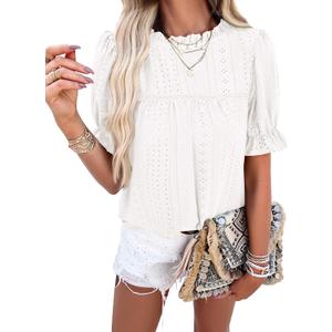 PRETTYGARDEN Women's 2025 Summer Tops Casual Crewneck Ruffle Short Sleeve Eyelet Babydoll Blouse Shirts (White,Medium)