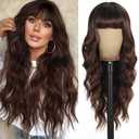 Glossy Brown Wig With Bangs Long Curly Wig For Women Long Brown Wavy Wigs Skin-Friendly Synthetic Fibers For Festival Holiday Use 26In