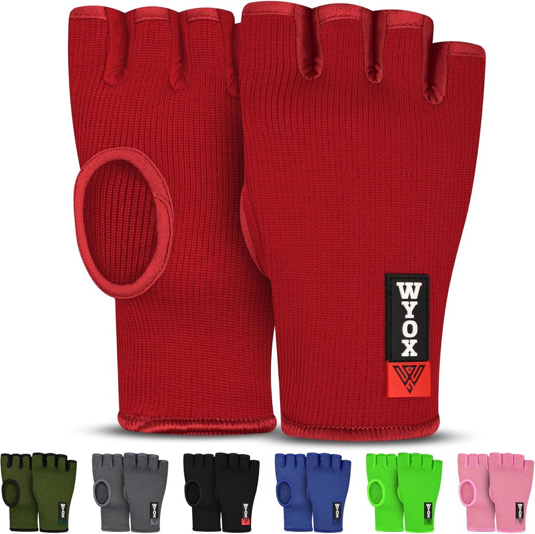 2 x WYOX Boxing Hand Wraps Inner Gloves Men Women, Half Finger Under Mitts with Elasticated Bandages for Fist Protection, Ideal for Muay Thai, Kickboxing, MMA, and Martial Arts, Perfect for Training (L/XL (22-26cm), Red)