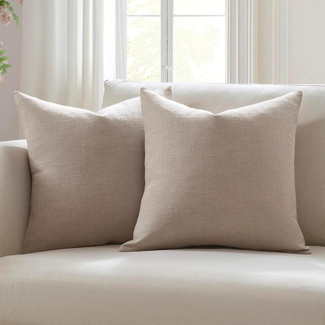 Meekio Set of 2 Light Taupe Pillow Covers 20x20, Farmhouse Linen Decorative Throw Cushion Covers for Sofa Couch