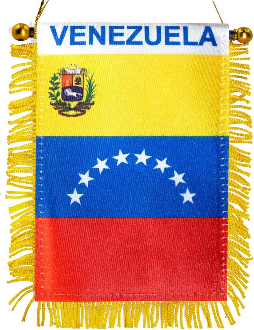 Anley 4 X 6 Inch Venezuela Fringy Window Hanging Flag - Mini Flag Banner & Car Rearview Mirror Dcor - Fringed & Double Sided - Venezuelan Hanging Flag with Suction Cup