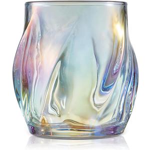 Whiskey Glasses Set of 2, Colorful Rock Glass, 8.5 OZ Drinking Glasses, Creative Twisted Crystal Old Fashioned Tumbler for Bourbon, Scotch, Cocktail, Tequila, Wine, Rum (Iridescence)