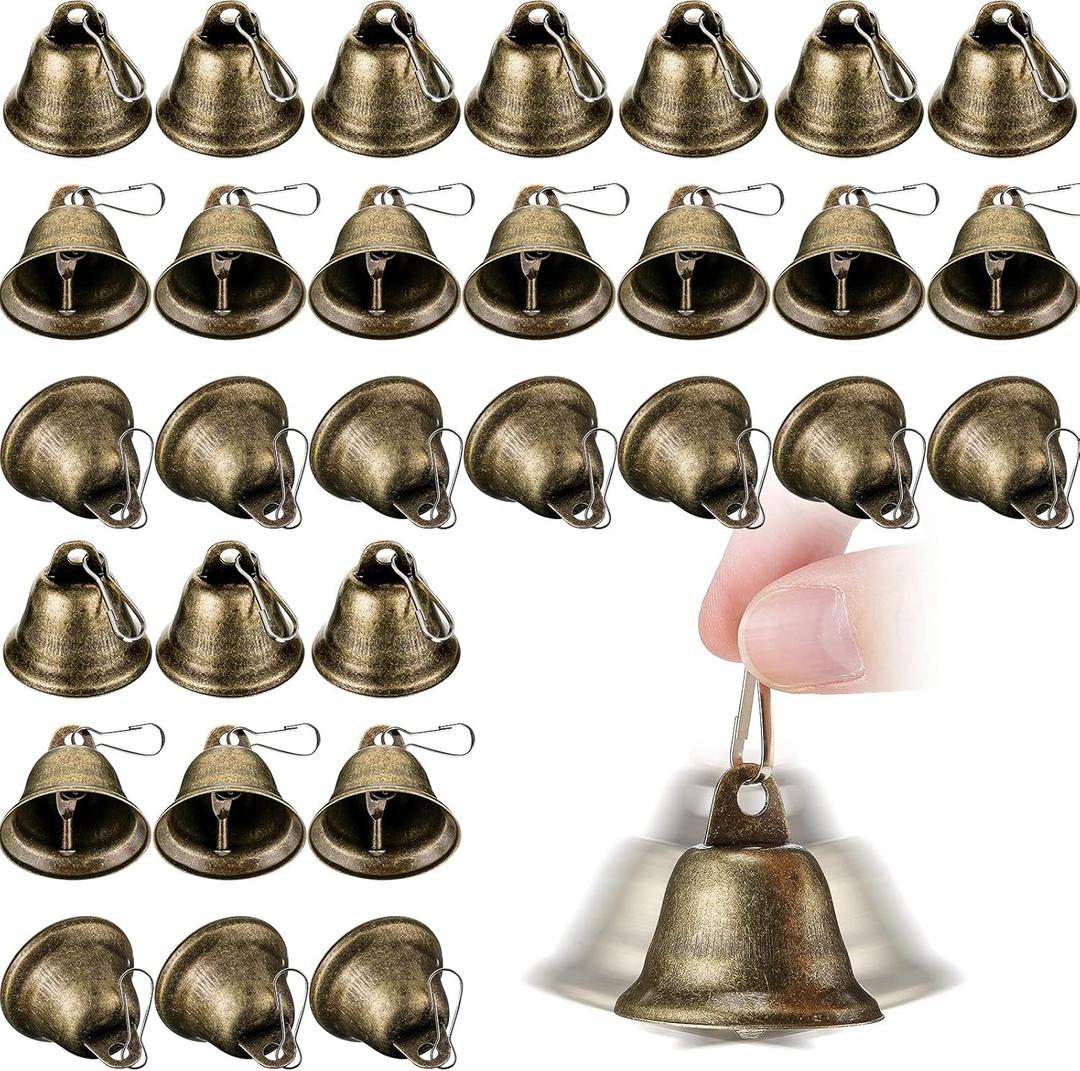 Gejoy 30 Pieces Craft Small Brass Bells for Crafts Mini Vintage Bells with Spring Hooks Tiny for Hanging Wind Chimes Making Dog Training Doorbell Wedding Decor, 1.65 x 1.5 Inch (Bronze)