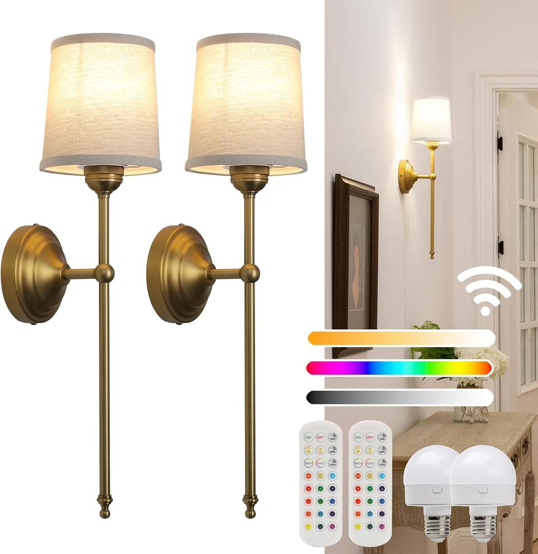 Battery Operated Sconces Wall Lighting Fixture Set of 2 with Linen Fabric Shade, RGB Color Changing USB Rechargeable Wall Mounted Lamp for Living Room Bedside Nightstand Light