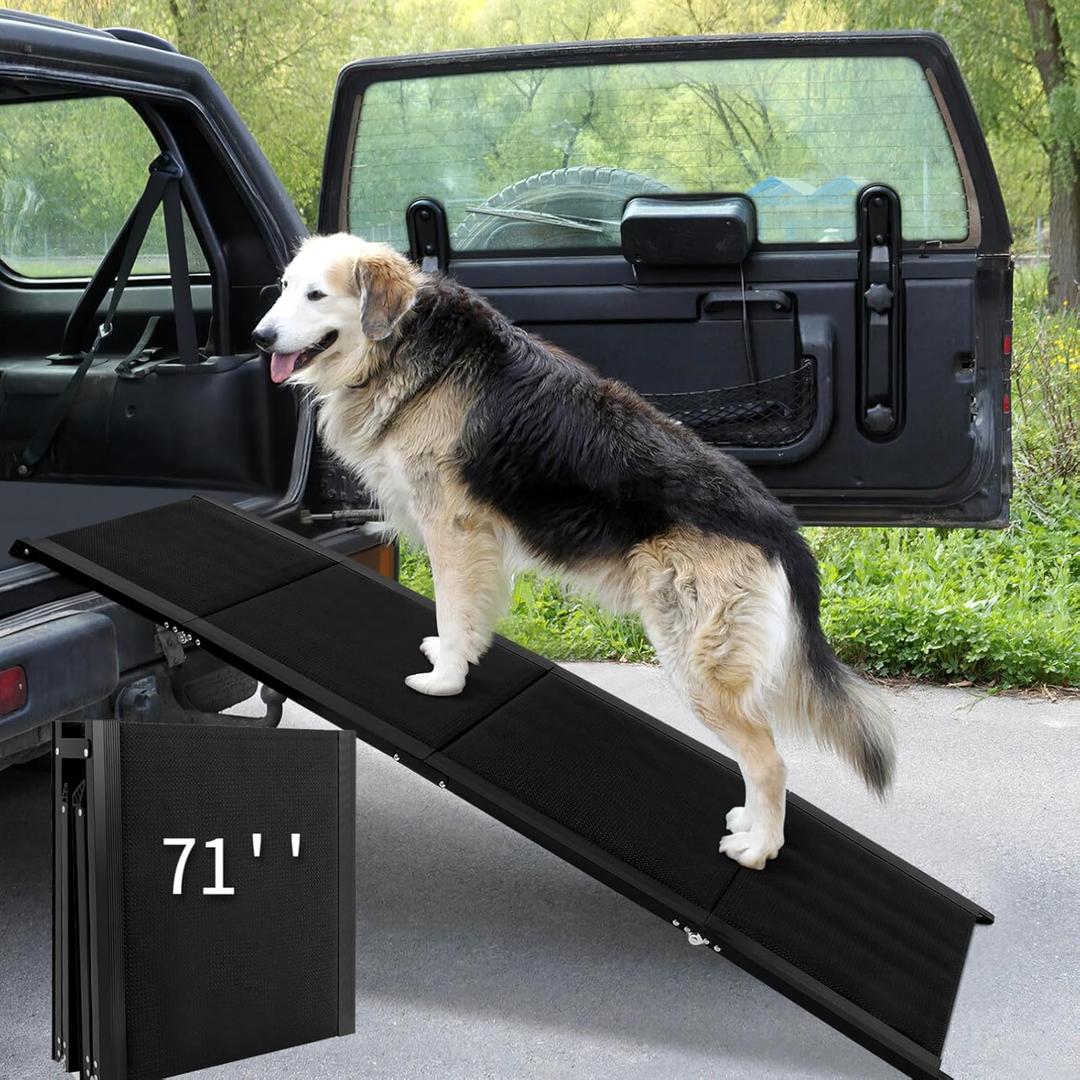PRETYZOOM Dog Car Ramp 71 Inch Folding Portable Pet Ladder with Wide Non-Slip Steps for Large Dogs Supports up to 300 Lbs Safe Vehicle Access for Cars Suvs Trucks