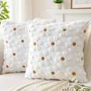 Artscope Spring Summer Pillow Covers 16x16 Set of 2 Decorative Yellow Flower Heart Daisy Throw Pillow Cases Soft Plush Faux Fur Couch Cushion Case for Holiday Farmhouse Sofa Bed Room Home Decor-White