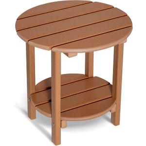 Round Adirondack Outdoor Side Table, 17.7" Small Patio End Table, 2-Tier HDPE Plastic Table for Poolside Porch Garden, Weather Resistant & Easy Assembly (Teak)