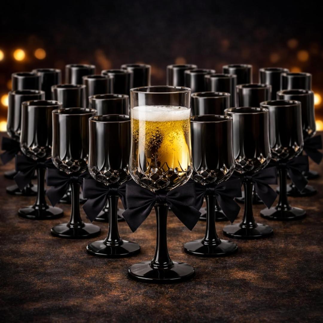 LemonRoad 24 Pcs 3 oz Mini Plastic Wine Glasses Vintage Goblets Shot with Bows Coquette Champagne Glasses Unbreakable Goblets for Women Dinner Wedding Party Grand Event(Black)