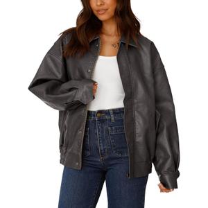 PRETTYGARDEN Women's Faux Leather Motorcycle Jacket Trendy Fall Spring Clothes Oversized Zip Up Winter Coat Outerwear (Grey)