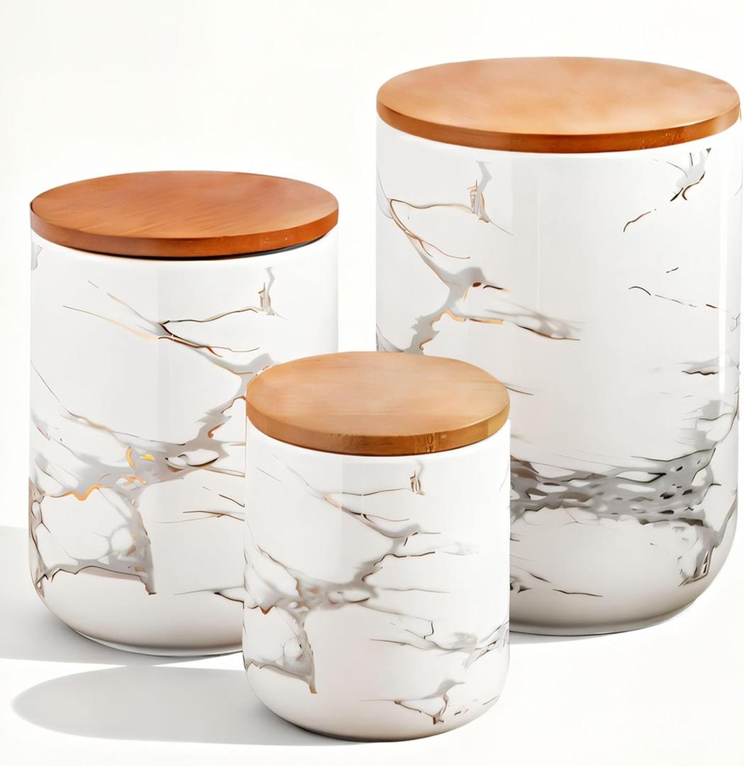 JOJUNO White Ceramic Canister Set with Bamboo Lid  3-Piece Airtight Food Storage Jars for Kitchen Counter  Glossy Marble Design, Ideal for Flour, Sugar, Coffee, Tea, Spice  Small, Medium, Large