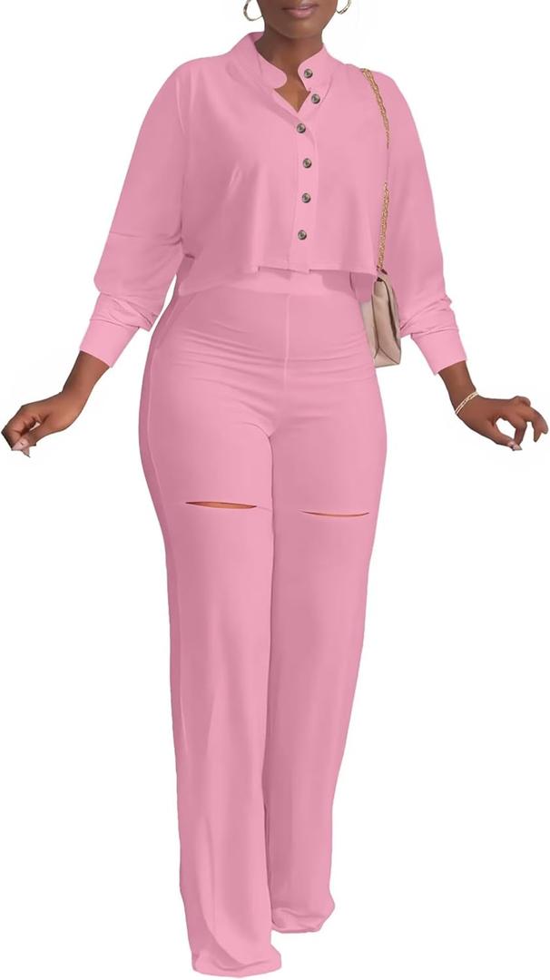 Ophestin Women 2 Piece Outfits Dressy Batwing Sleeve Button Down Crop Top Cut Out Wide Leg Pant Matching Tracksuit Sets (XX-Large, Pink)