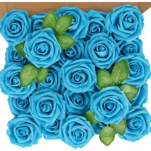 N&T NIETING Artificial Flowers, 25pcs Fake Flower Roses with Stem for DIY Wedding Bouquets Centerpieces Bridal Baby Shower Party Home Decoration, Blue