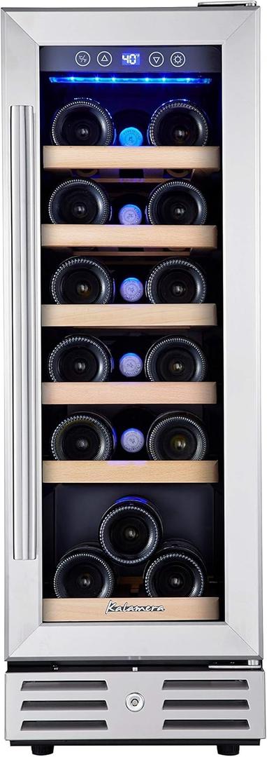 Kalamera Mini Fridge 18 Bottle - 12 inch WineCooler Refrigerator, Built-in or Freestanding, with Stainless Steel & Double-Layer Tempered Glass Door, and Temperature Memory Function WineFridge (Silver)