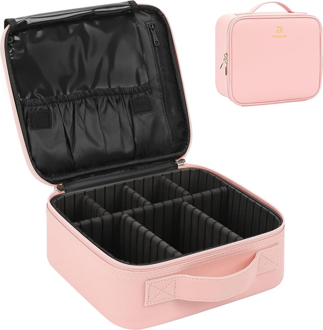 Relavel Travel Makeup Train Case Cosmetic Case Organizer Portable Artist Storage Bag with Adjustable Dividers for Cosmetics Makeup Brushes Toiletry Jewelry Digital Accessories (Pink) (Small)