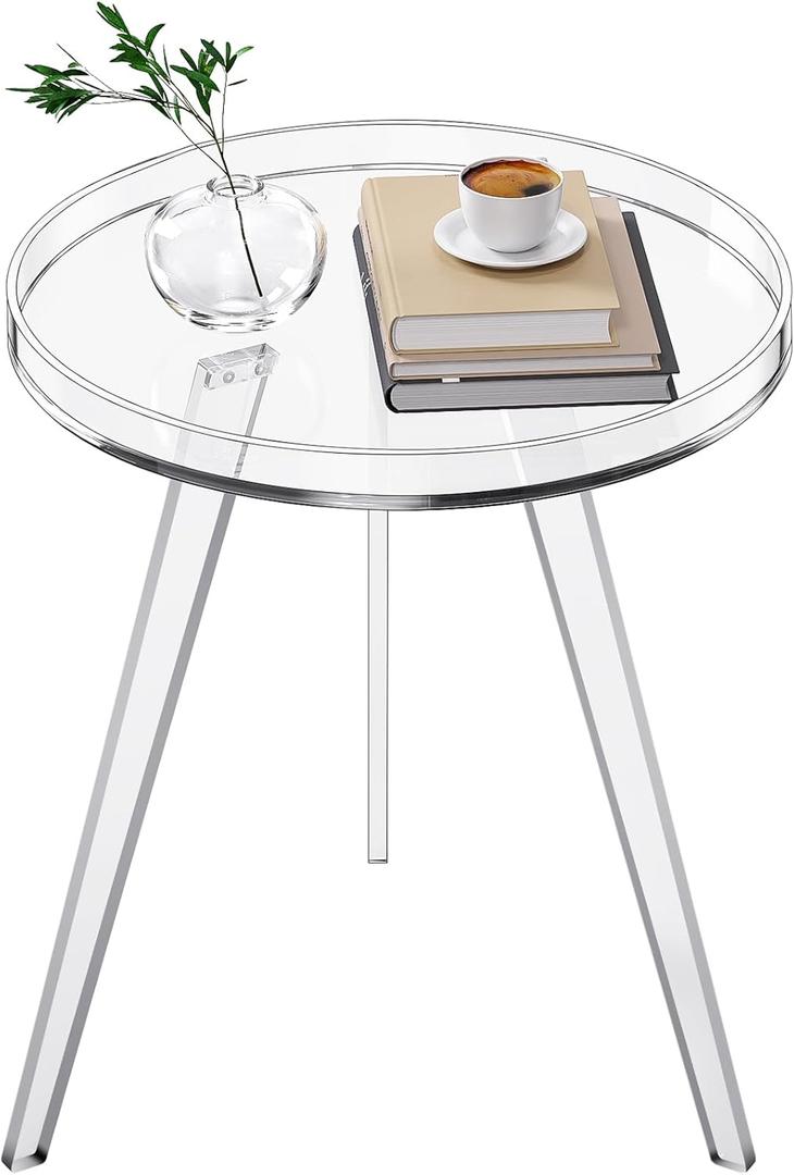 Clear Acrylic Side Table, Round End Table Nightstand Bedside Table Small Circle with Tray for Living Room Bedroom Office Small Space (Clear)