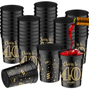 Cunhill 40 Pack 40th Birthday Cups Cheers to 40 Years Gold and Black Plastic Stadium Cups for Birthday Decorations Party Favors Men Women Wedding Anniversary Supplies (8 oz)