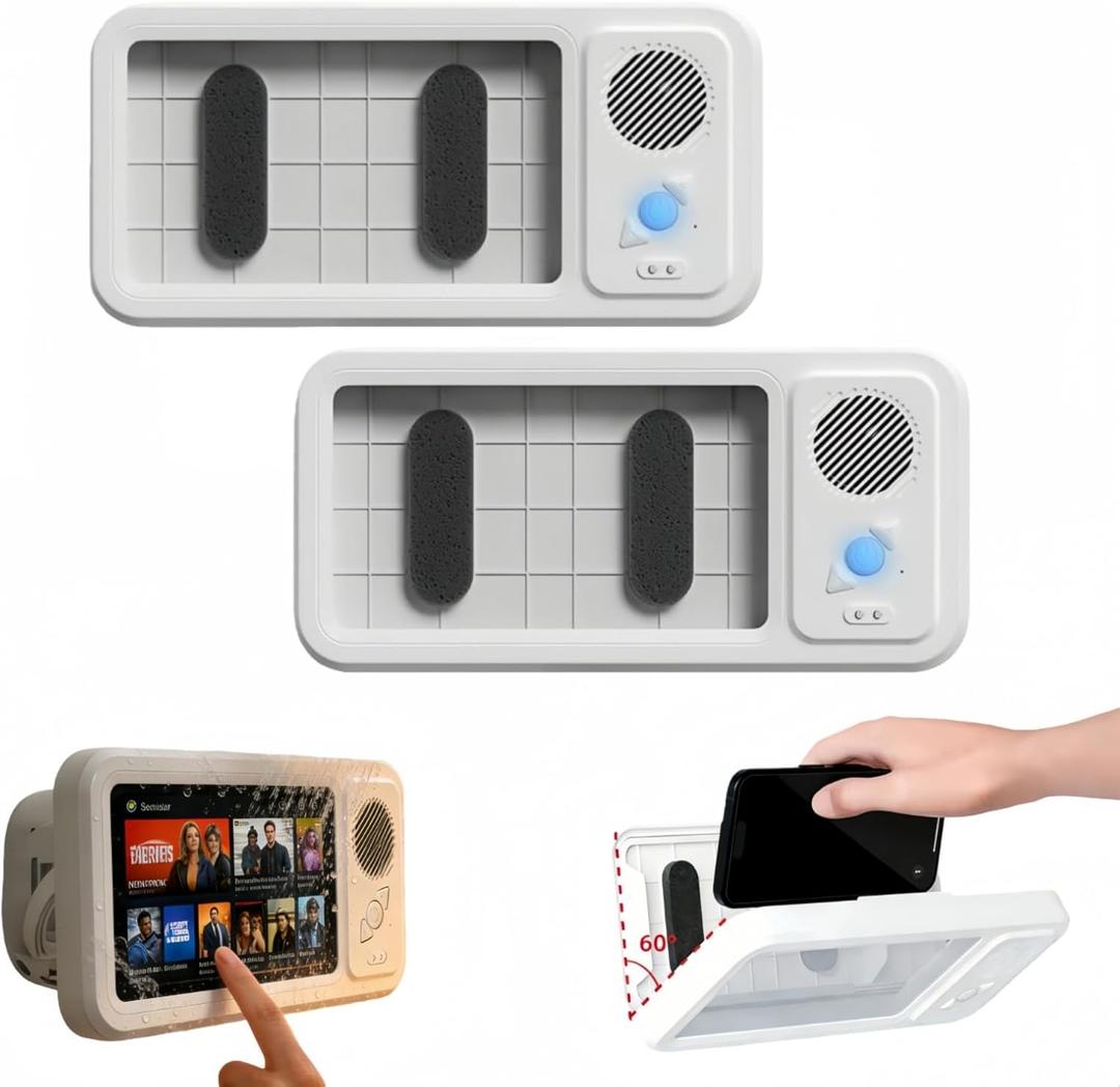 Bluetooth Shower Phone Holder with Speaker, Upgraded Water Proof Phone Holder for Shower,Adjustable Waterproof Box Speaker,Hands-Free Music&Video,360° Rotation,Fixed Mount for Bathroom (1, Standard)