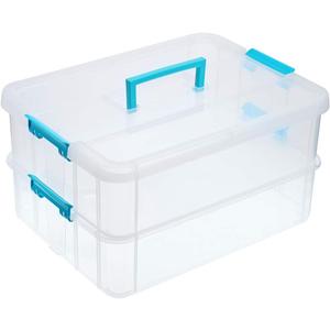 JUXYES 2-Tiers Stack Carry Storage Box With Handle, Transparent Stackable Storage Bin With Handle Lid Latching Storage Container for School & Office Supplies (Blue)