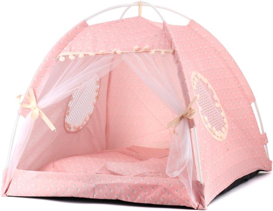 Dog Tent Indoor Cat House Pink Puppy Bed Portable Pet Teepe Princess Dog Camping Tent Outdoor Kitten Houses Cute Bunny Nest Girl Kitty Cave, Large (19.7" x 19.7" x 17.7")