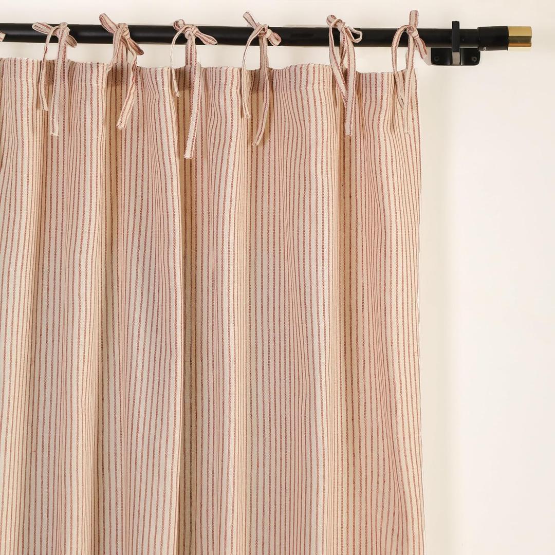 Gauze Striped Curtains, Boho Linen Gauze Tie Top Hanging Curtains Light Filtering Door Window Treatment 2 Panel Curtain Drapes for Living Room Home Dcor Maroon on Beige (72"x42" Each Panel)
