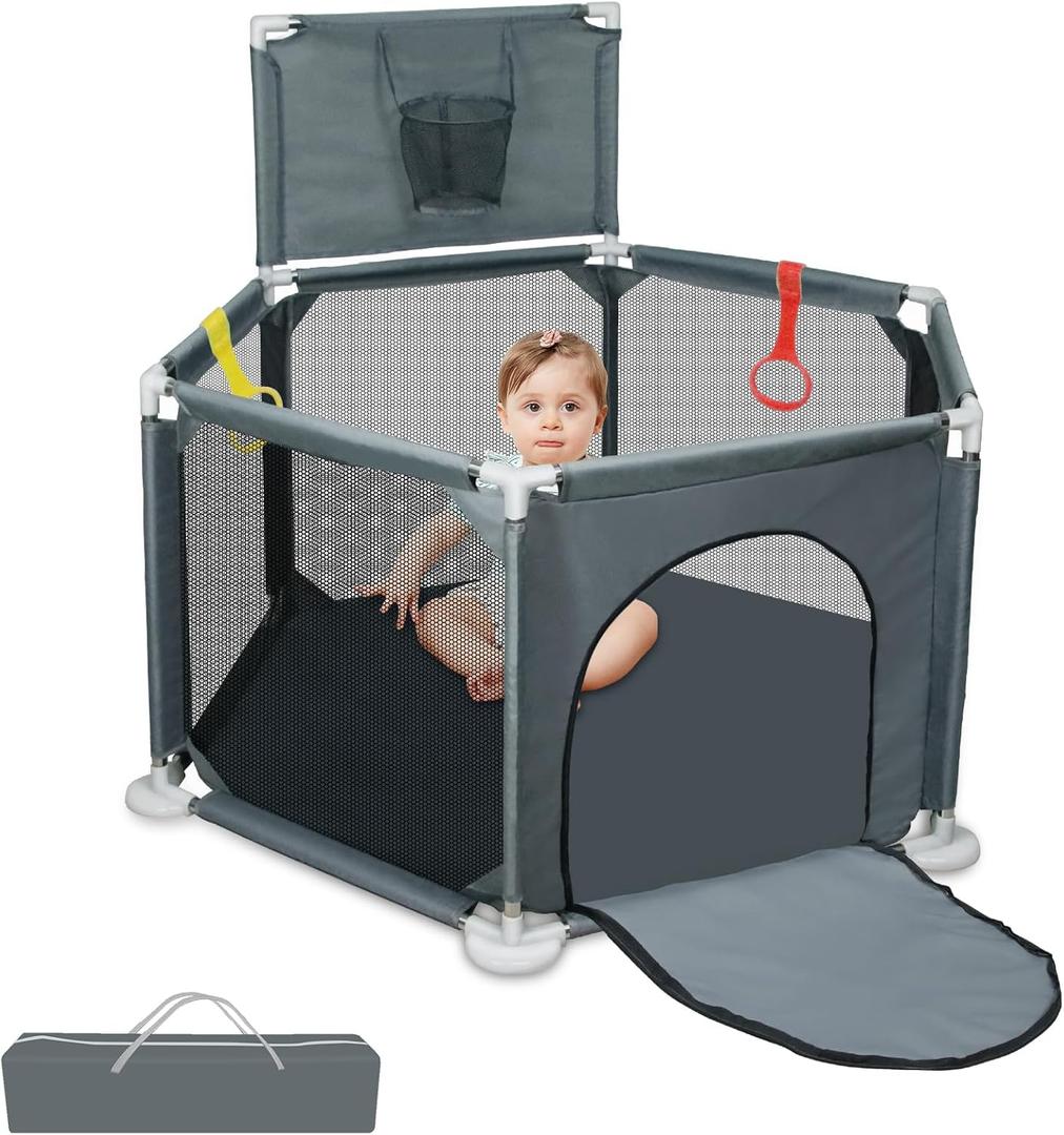 Baby Playpen, 50x50 Inch Playpen for Babies and Toddlers, Small Baby Play Yard, Indoor Outdoor Safety Activity Center Play Pen with Breathable Mesh and Basketball Hoop, Grey