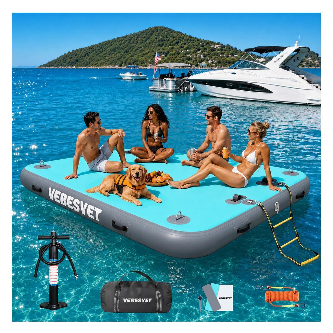 VEBESYET Inflatable Floating Dock Platform, 6ft x 5ft x 6" Inflatable Dock Floats Multi Person Floating Island Raft for Lake Pool Beach Ocean