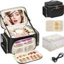 Large Makeup Bag with LED Mirror, Travel Makeup Bag Organizer for Women Girls with Makeup Brush Compartment & Two Side Pockets, 3 Color Lights Cosmetic Toiletry Bag- Leather Black