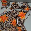 Verdusa Women's 4 Piece Cheetah Print Triangle Thong Bikini with Sheer Overlay Cheeky Swimsuit with Skirt and Bandana Orange Medium
