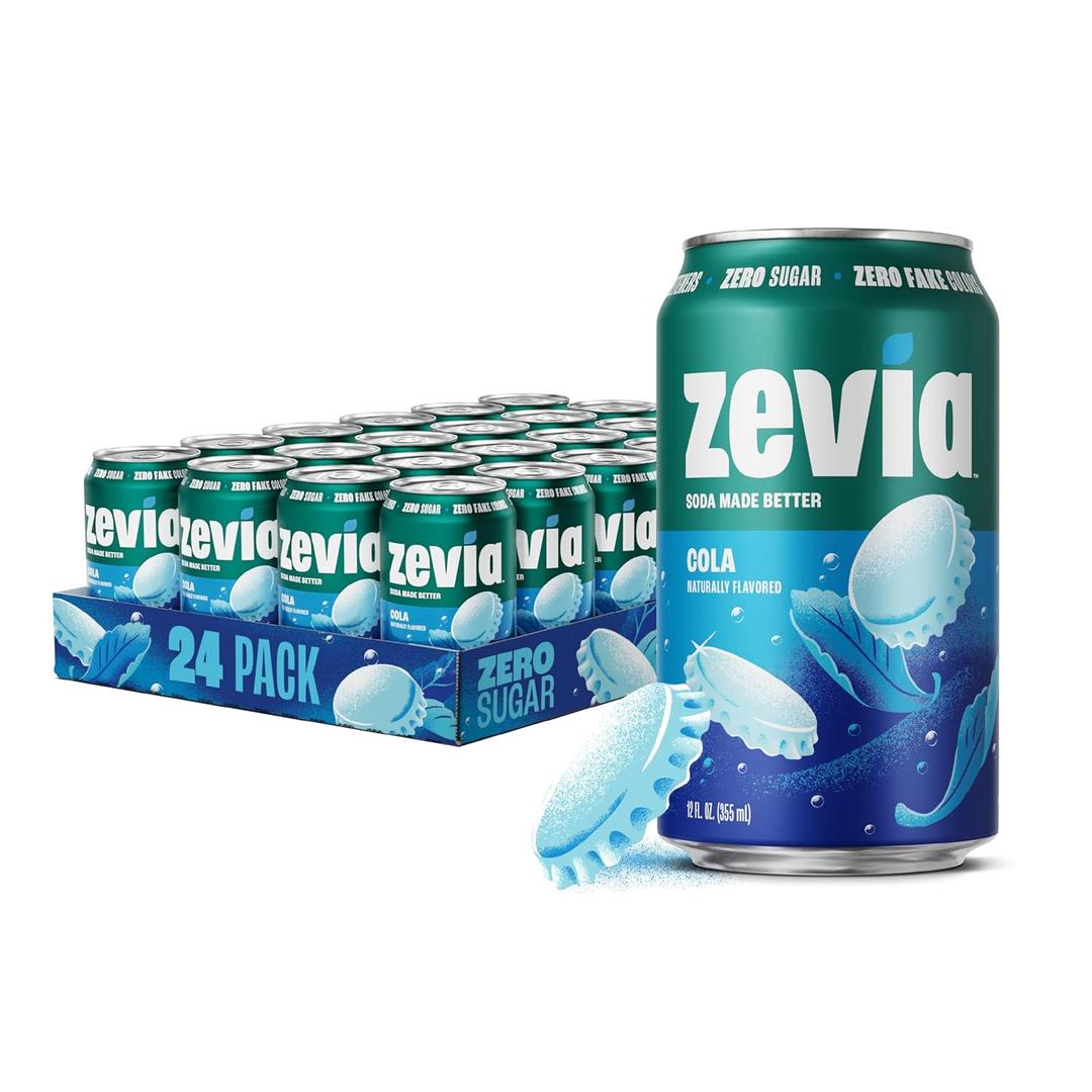 Zevia Zero Sugar Soda, Cola, 12 oz Cans (24-Pack)  Naturally Sweetened, Zero Calorie Sugar Free Soda - Non-GMO Project Verified, Gluten-Free, Vegan