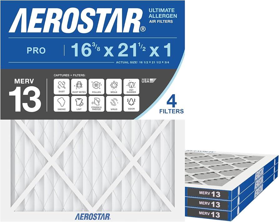 Aerostar 16 3/8 x 21 1/2 x1 MERV 11 Air Filter, 4 Count,  HVAC, Air Conditioning & Furnace Filter for Dust, Pet Dander, Smoke & Allergies (MPR 1200 / FPR 7), Made in USA s 16 3/8 x 21 1/2 x1