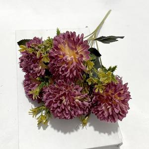 Realistic Artificial Fall Flowers Bouquet, Faux Mums with Eucalyptus Stems, UV Resistant Fake Pom Pom Floral for Outdoor Autumn Vase, Coffee Table Boho Decor(Purple)