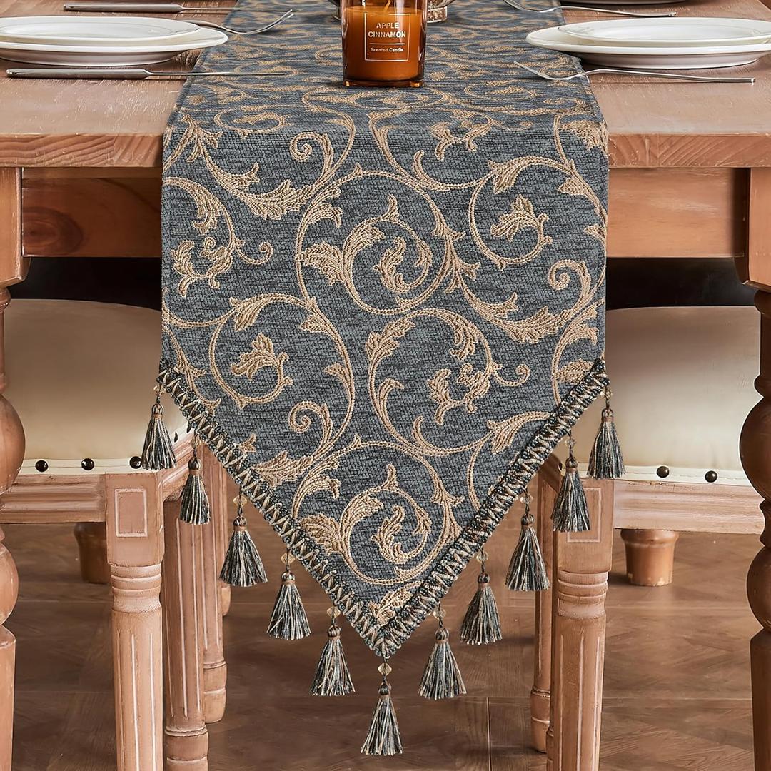 Loom and Mill Elegant Damask Table Runner 108 inches Long, Classic Acanthus Chenille Jacquard Table Runners with Tassels for Dining Room Dresser Party Banquet Decoration (Blue-Grey+Khaki,13x108 Inch)