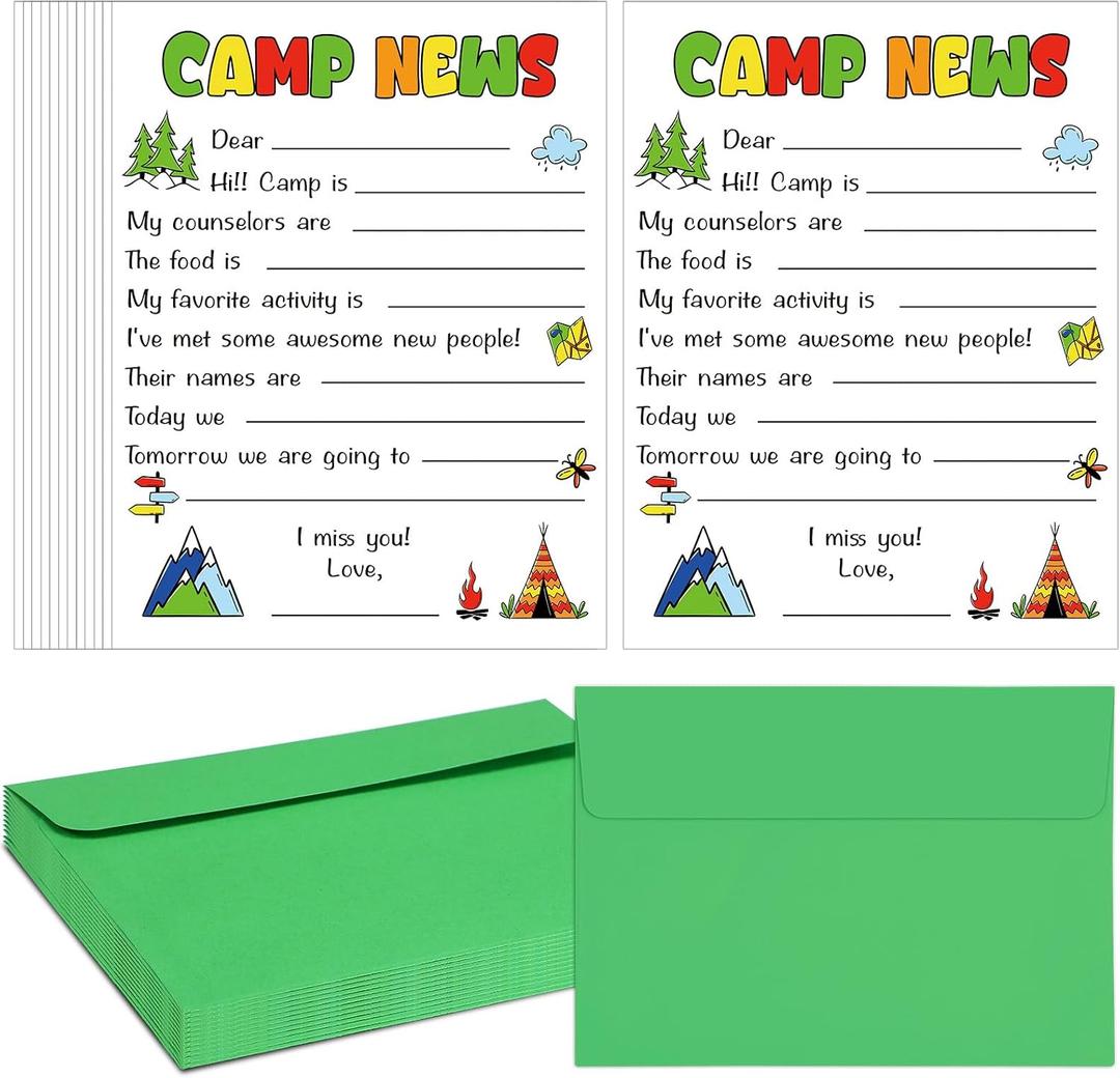 2 x Dunzoom 12 Sets Camp Stationery Greeting Cards for Campers Fill in The Blank Cute Summer Camp Flat Cards with Envelopes for Summer Party Classroom Students Family(Brief)