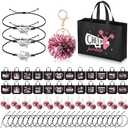 Landical 72 Pcs Pink Cheerleading Gifts 24 Cheer Bags Portable 24 Pom Pom Keychain 24 Cheerleading Bracelet Canvas Makeup Bag Bulk Cheer Gifts Female Teammates Toiletries Accessories