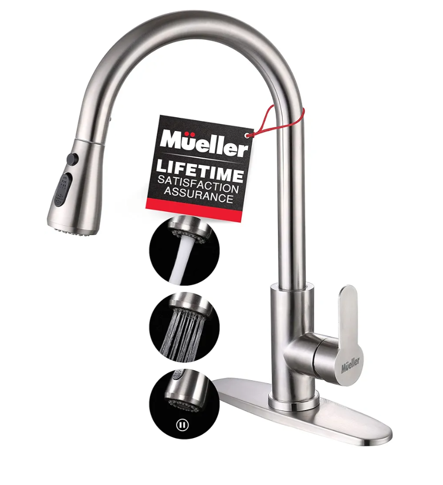 Mueller Single Handle Stainless Steel Kitchen Sink Faucet, High Arc, Single Lever, Pull-Out Sprayer Head, Stream Flow, Powerful Spray Kitchen Sink, with Deck Plate Brushed Nickel Finish