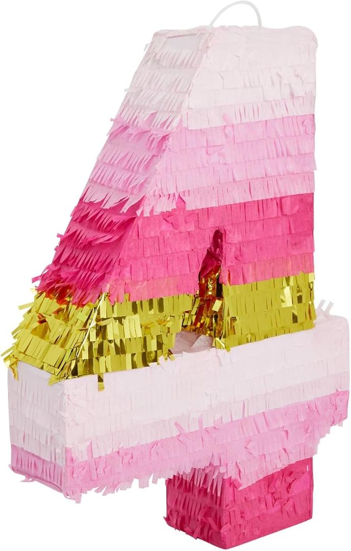 Number 4 Pinata, Pink and Gold Foil for Girls 4th Birthday Party Decorations (Small, 16.5 x 11 Inches)