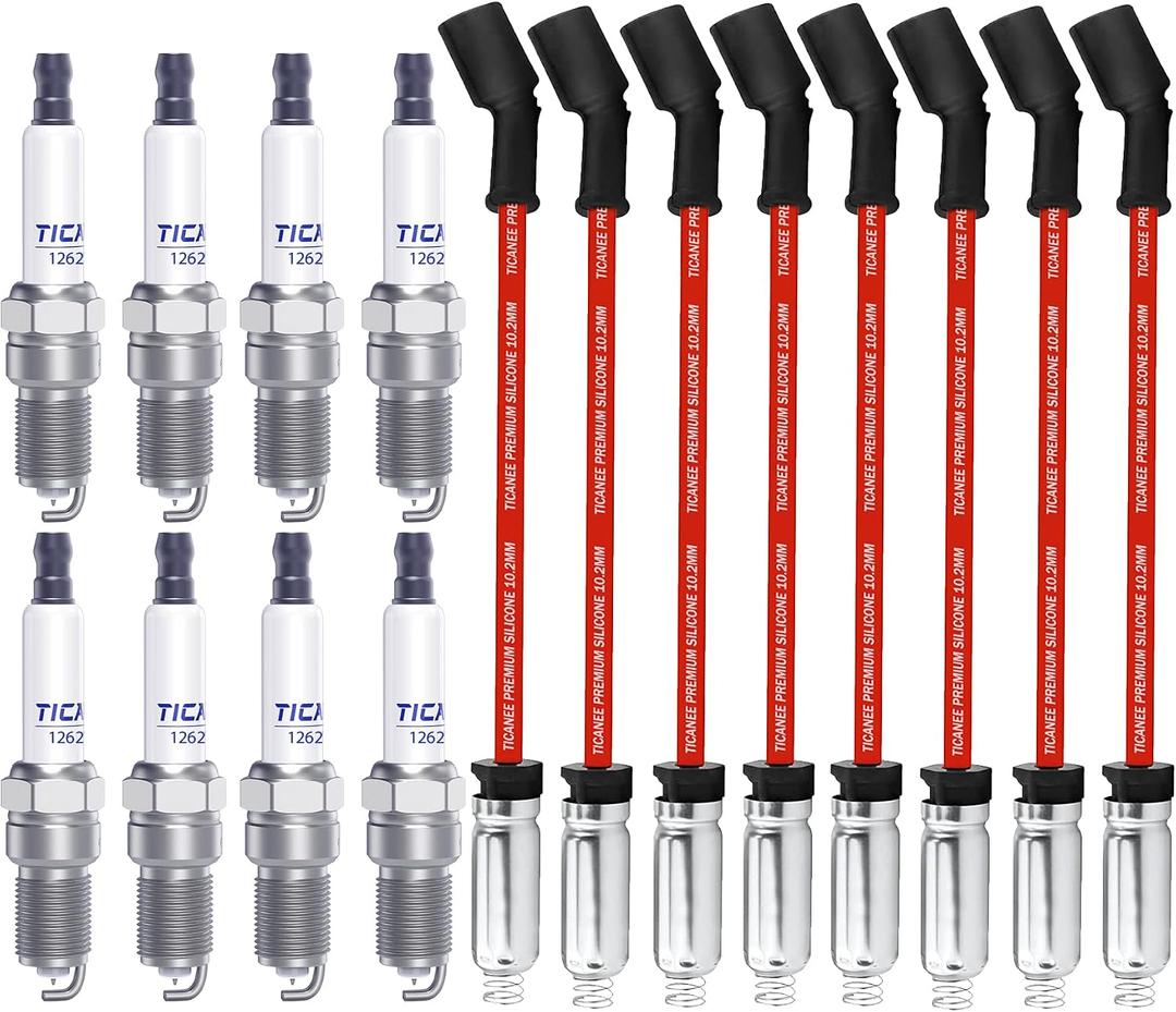 Iridium Spark Plugs and Wires Set for Chevy 5.3L Silverado 1500 Suburban Avalanche Tahoe 4.8L 6.0L, 41-110 Spark Plugs Compatible with GMC Yukon Sierra 12621258