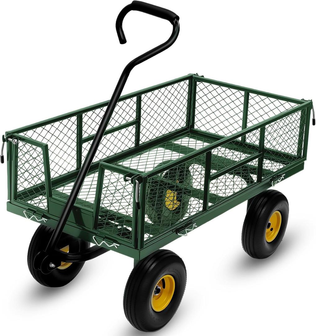 Steel Garden Cart, 2-in-1 Heavy Duty Utility Wagon 900 LBS Capacity Carts with Removable Mesh Sides to Convert into Flatbed, 240 U-Turn 10" Pneumatic Tires Garden Wagon for Lawn Camping Farm Yard