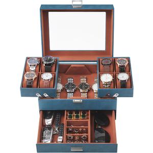 Dajasan Watch Box, Watch Case for Men, 8 Slot Watch Display Case, Watch Holder Organizer, 3 Layers PU Leather Watch Storage Case for Father's Day, Birthday, Christmas, New Year (Blue)