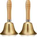 2 Pieces Solid Brass Hand Call Bells with Wooden Handle Ringing Handbells Loud Hand Held Service Animal Bell Decoration(3.15 x 3.15 x 5.9 Inch)